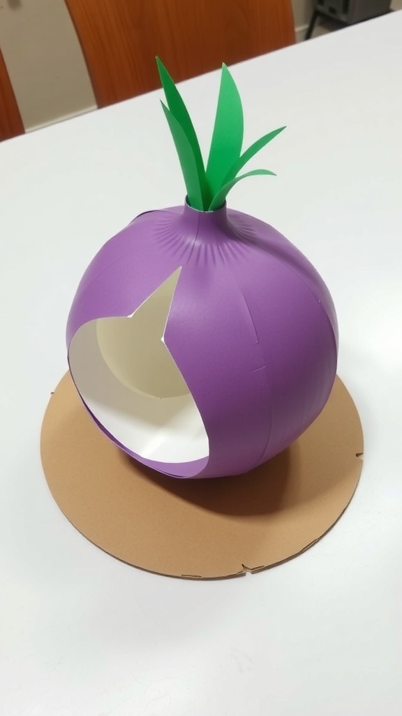 A vibrant 3D onion model made of layered paper, showcasing its structure on a cardboard base.